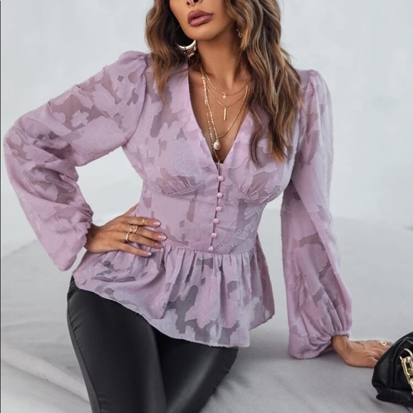 Romantic floral appliqué button detail peplum blouse redwood - Picture 4 of 16